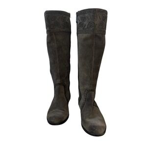 Nurture Grey Suede Tall Boots Paisley Embroidered Boho Chic Women 9.5M Low Heel